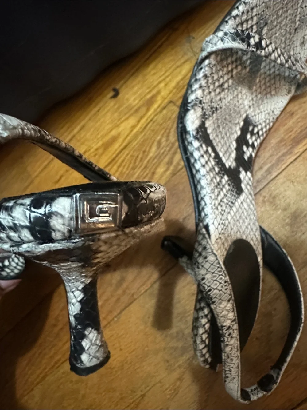 Guess Beige and Black Snake-Print Slingback Sandals